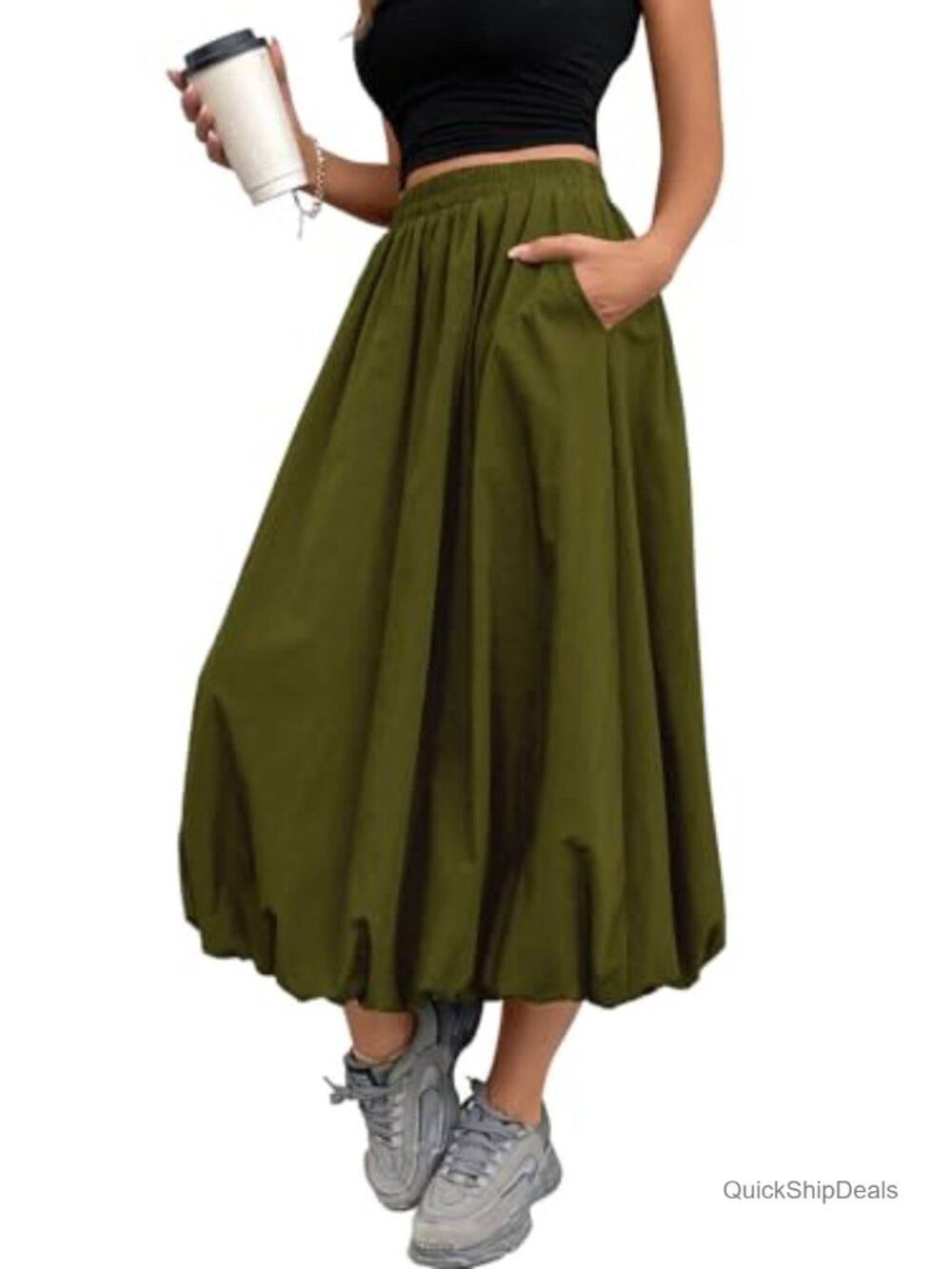 Women's Bubble Skirt Elastic Waist Puffy Hem A-line Long Skirt with Pockets